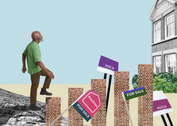 man walking up property ladder - housing affordability crisis stock pictures, royalty-free photos & images man walking up property ladder - housing affordability crisis stock pictures, royalty-free photos & images