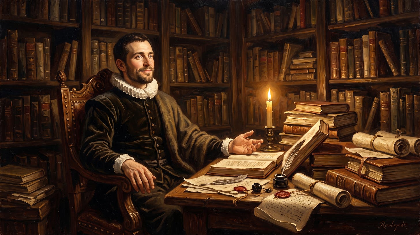 Rembrandt-style painting of a scholar sitting back at a candlelit desk, relaxed, surrounded by books, scrolls, and an open manuscript Rembrandt-style painting of a scholar sitting back at a candlelit desk, relaxed, surrounded by books, scrolls, and an open manuscript