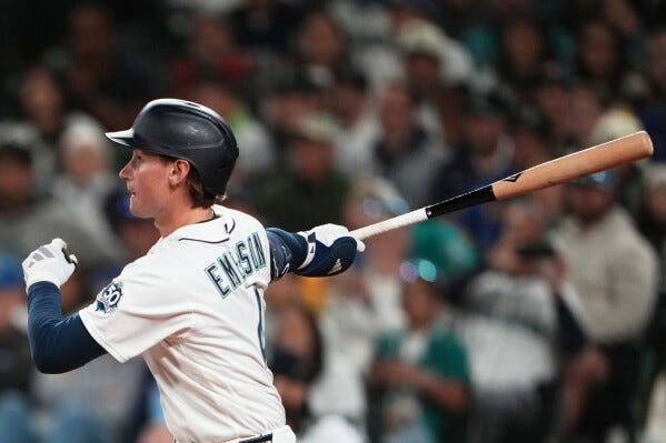 Seattle Mariners' Colt Emerson follows through on a three-run home run against the Chicago White Sox during the eighth inning of a baseball game, Monday, May 18, 2026, in Seattle. (AP Photo/Lindsey Wasson) Seattle Mariners' Colt Emerson follows through on a three-run home run against the Chicago White Sox during the eighth inning of a baseball game, Monday, May 18, 2026, in Seattle. (AP Photo/Lindsey Wasson)