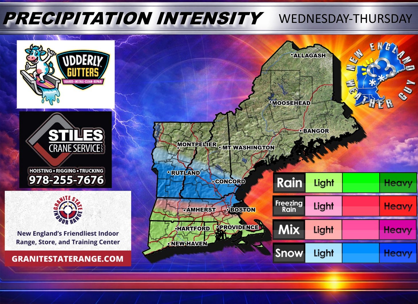 May be an image of map and text that says 'PRECIPITATION INTENSITY UDDERLY GUTTERS SEARES NSTALL-CLEA STALL- REPMN WEDNESDAY-THURSDAY •ALLAGASH 1 •MOOSEHEAD STILES CRANE CRANESERVICE! SERVICE NORAO * HER BU HOISTING-RIGGING-TRUCKING HOISTING RIGGING TRUCKING 978-255-7676 MONTPELIER OMTWASHINGTON ·mT •BANGOR •RUTLAND •CONCORD Rain Light New England's Friendliest Indoor Range, Store, and Training Center •AMHERST BOSTON Freezing Rain Heavy Light HARTFORD OPROVIDENCE GRANITESTATERANGE.COM ·NEW.HAVEN Heavy Mix Light Heavy Snow Light Heavy'