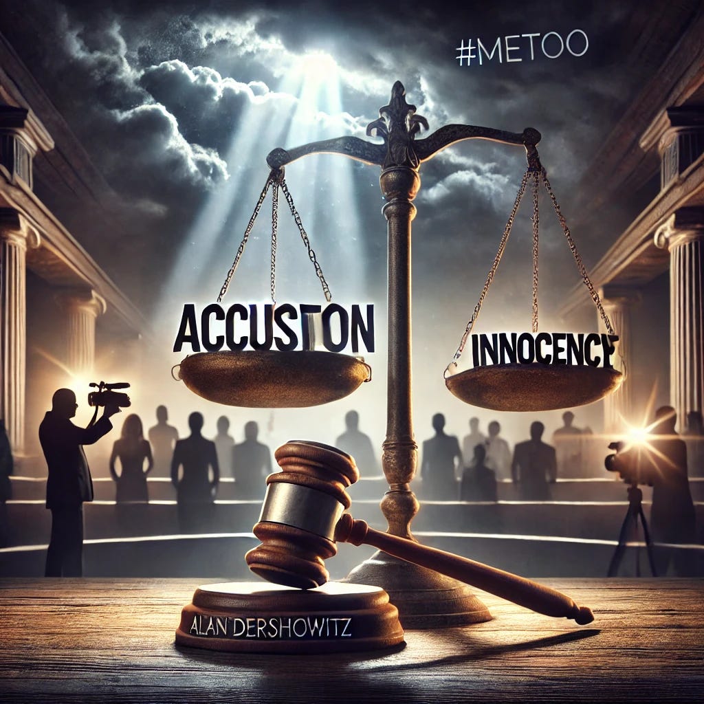 A symbolic image representing the themes of the book 'Guilt by Accusation: The Challenge of Proving Innocence in the Age of #MeToo' by Alan Dershowitz. The scene features a courtroom setting where the scales of justice are tipped heavily by a large gavel labeled 'Accusation,' while the word 'Innocence' sits precariously on the lighter side. In the background, a shadowy crowd represents the court of public opinion, with flashes of media cameras. The atmosphere is tense, with storm clouds overhead, but a faint ray of light breaks through, symbolizing hope and resilience. The tone is reflective and poignant.