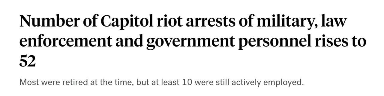 Number of Capitol riot arrests of military, law enforcement and government personnel rises to 52 Number of Capitol riot arrests of military, law enforcement and government personnel rises to 52