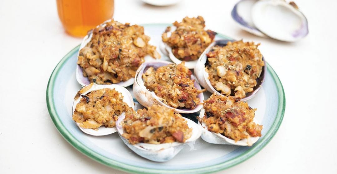 Stuffed Quahaugs with Bread Stuffing and Linguiça, Cook the Vineyard