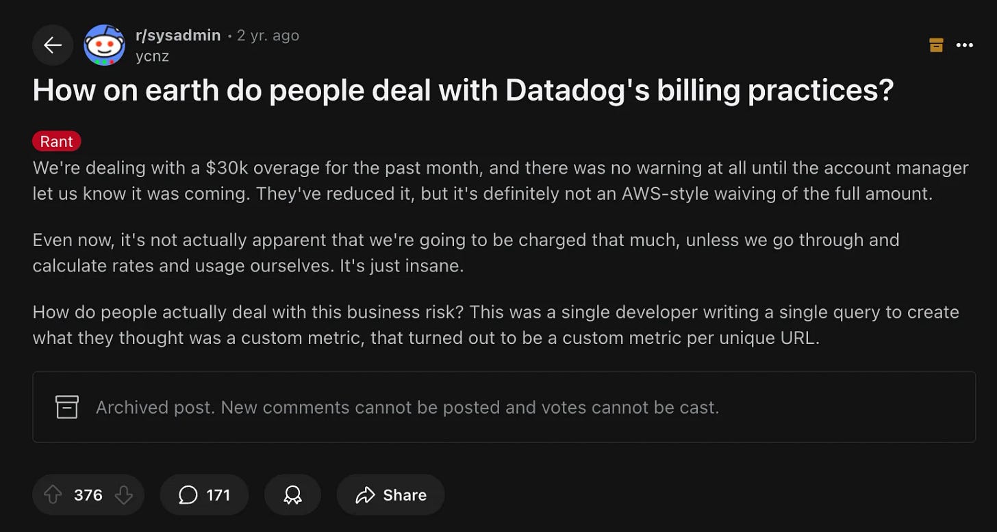 Surprise bills are one of the common complaints againts Datadog (Source: Reddit)