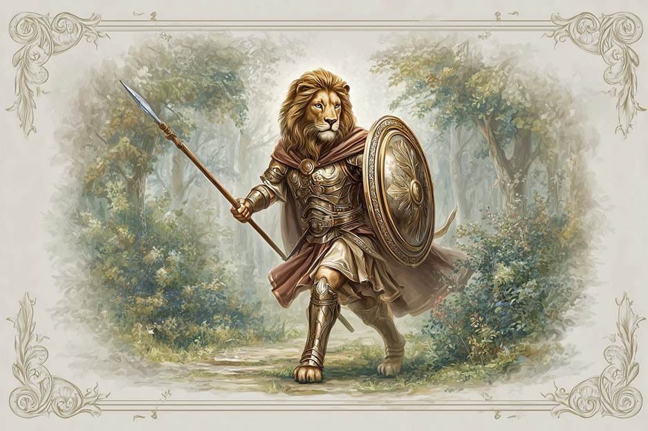 A lion in armor holding a shield and spear

AI-generated content may be incorrect.