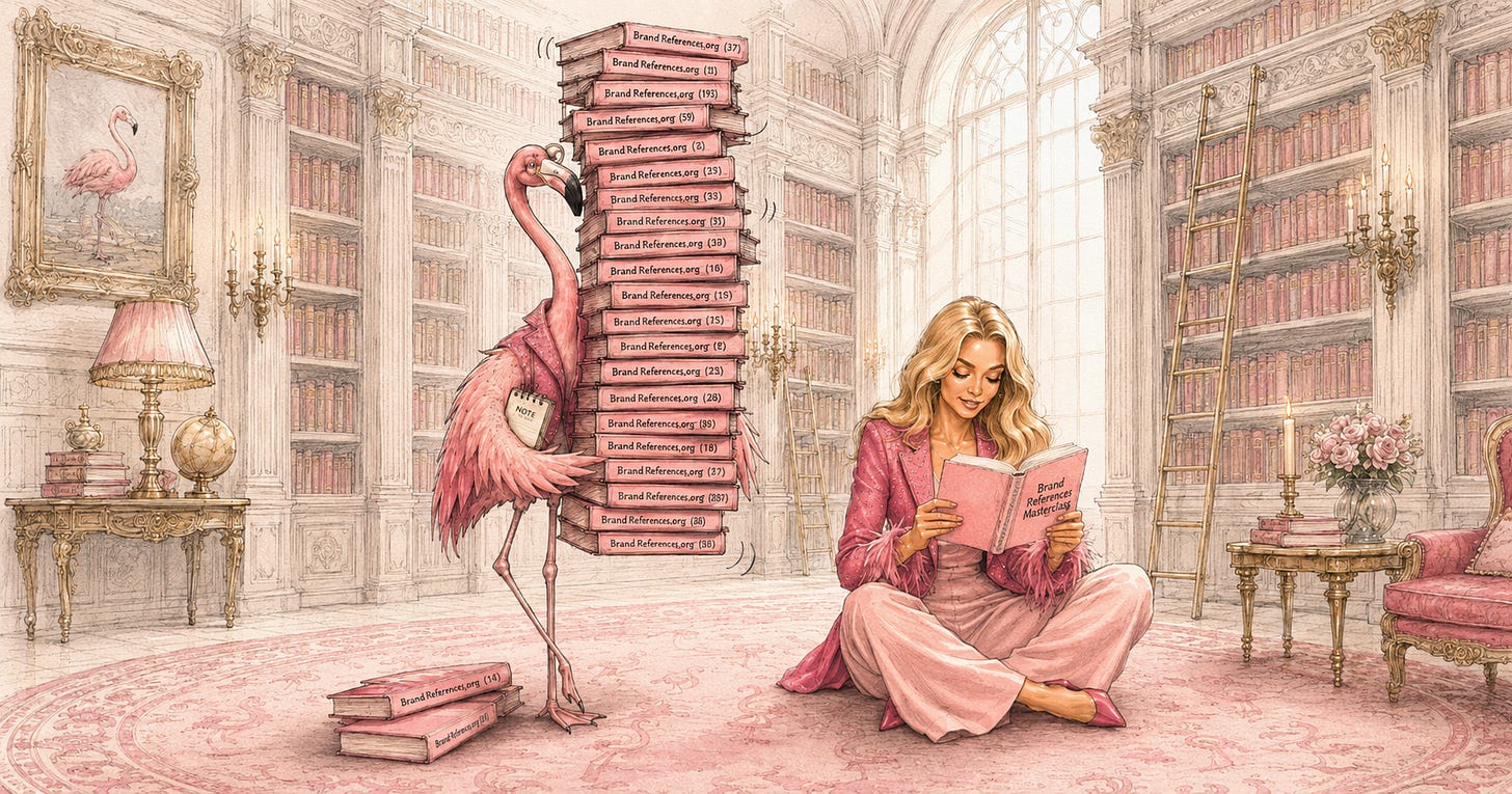 Illustration of a flamingo carrying a stack of duplicate Brand-Reference files