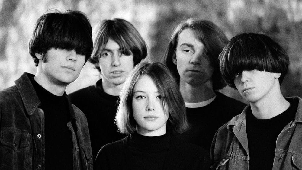 A black-and-white photo of Slowdive from the 1990s