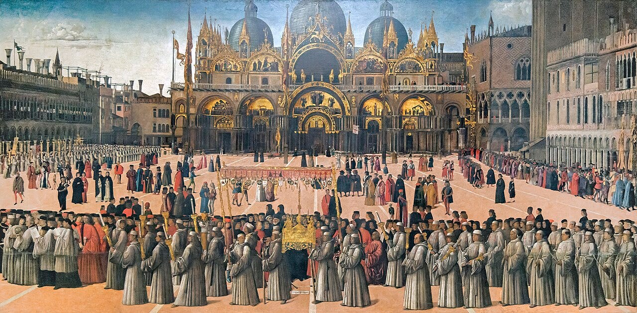 A religious procession crossing a gold Saint Mark square A religious procession crossing a gold Saint Mark square