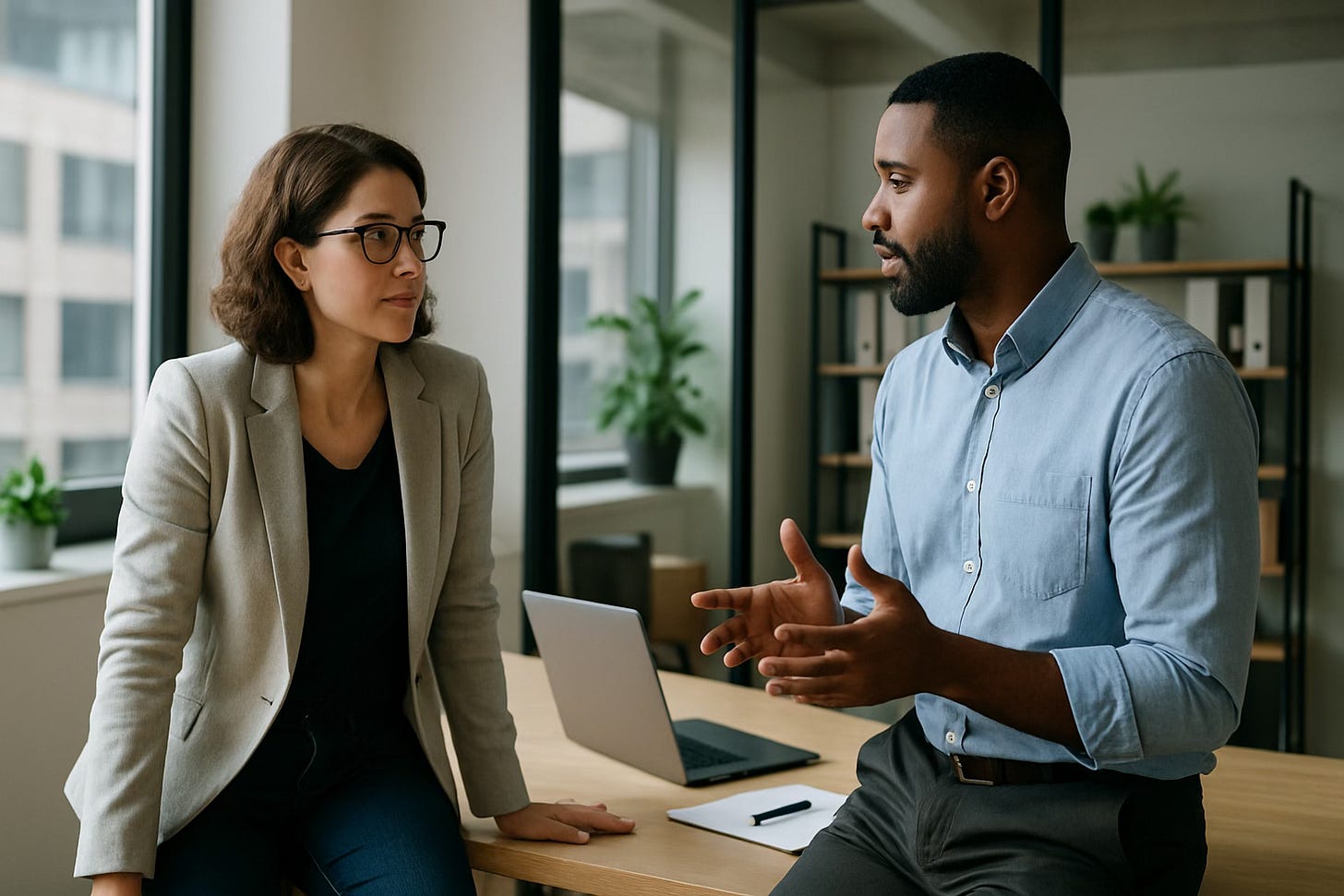 A leader and employee talking informally at a desk, highlighting coaching as part of everyday interactions.