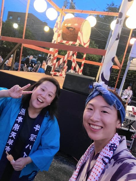 Glimpses: 1. HET + Searchlights BTS. 2. MBT Chicago bon odori. 3. HET at a post- Ginza fest break. 4. At Ginza festival with Masahiro Kawakami (tenugui craftsman). 5. kaDON krew. 6. Tawoo Taiko workshop in Chicago! 7. Teaching the awesome Teien no Taiko group of Rockford, IL. 8. Kaoly and Eri's kaDON intensive! 9. kaDON fam! 
