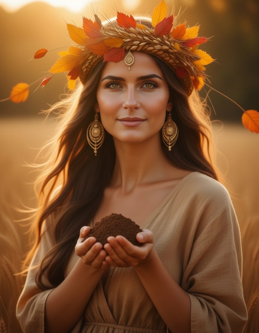 Demeter with a wreath of wheat holds dirt in her hands as she stands in a wheat field