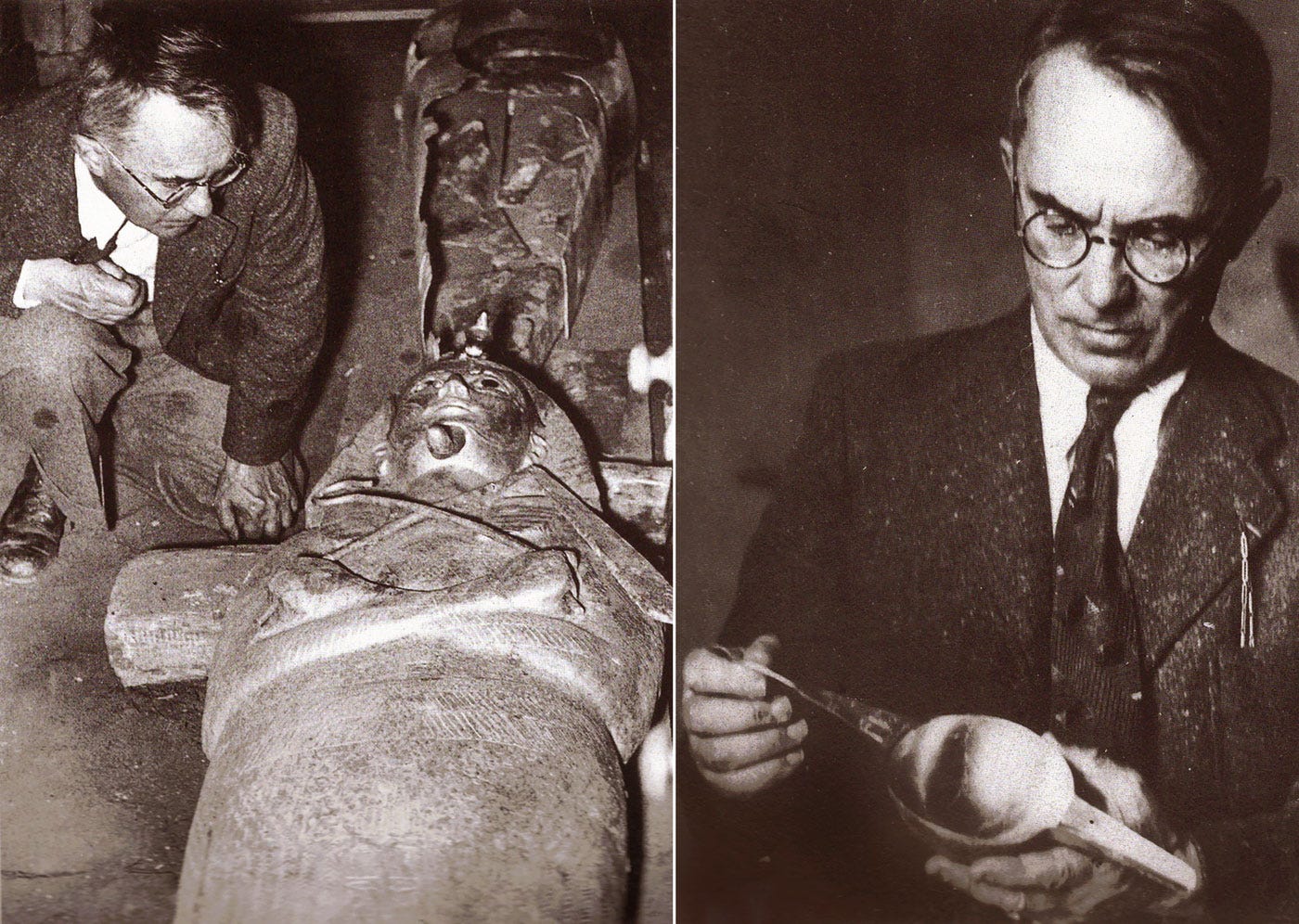 Pierre Montet in front of Psusennes' unique solid silver sarcophagus. Montet inspecting a gold artefact.