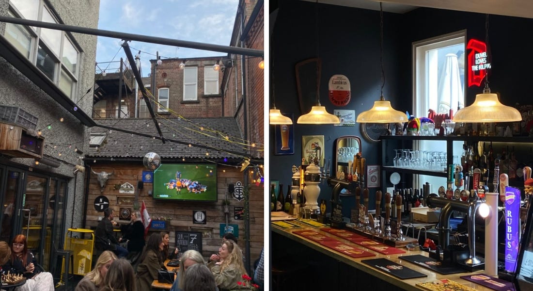 Two pictures - one of an outdoor terrace with a football screen and one of a bar with lights above it Two pictures - one of an outdoor terrace with a football screen and one of a bar with lights above it