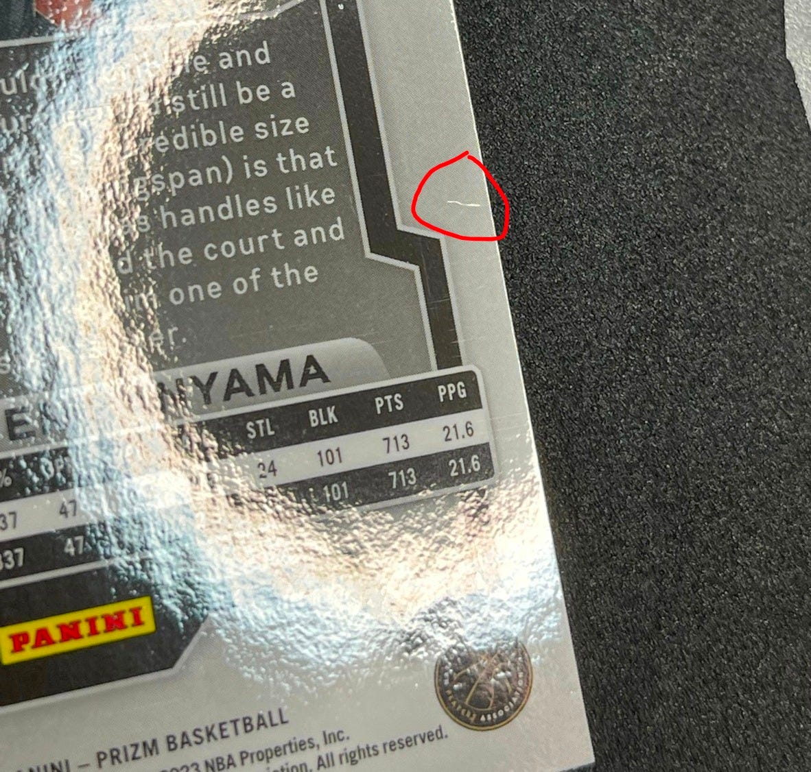 Small fold or crease on 2023 Victor Wembanyama Pink Ice #136 Small fold or crease on 2023 Victor Wembanyama Pink Ice #136