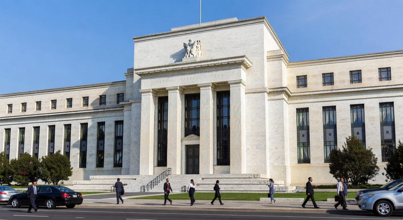 Federal Reserve building exterior with neoclassical architecture and pedestrians walking nearby