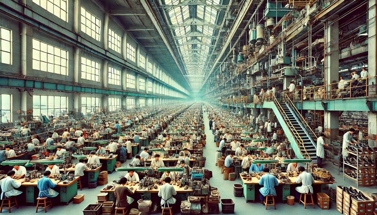 A wide aspect ratio, real-life-like image showing a massive shoe manufacturing factory in China from the year 2000. The factory floor is bustling with activity, filled with workers operating machinery, assembling shoes, and inspecting finished products. The atmosphere is industrious, with rows of production lines, stacks of shoe materials, and conveyor belts. Workers are dressed in typical early 2000s attire, and the factory environment includes large windows, overhead lighting, and various workstations. The overall scene captures the scale and efficiency of shoe manufacturing in China during that era.
