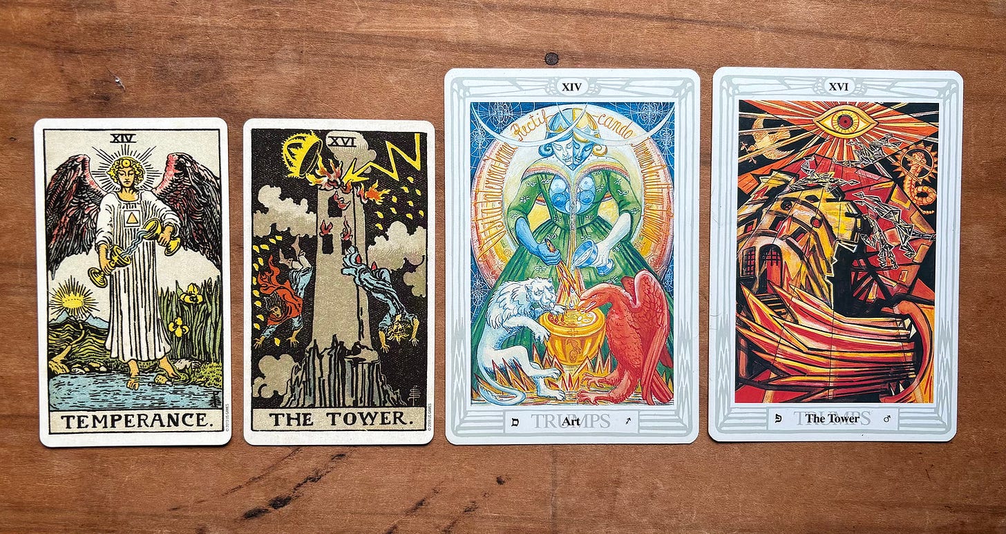 The Tower and Temperance/Art cards from the Rider-Waite Smith and Thoth tarot decks.