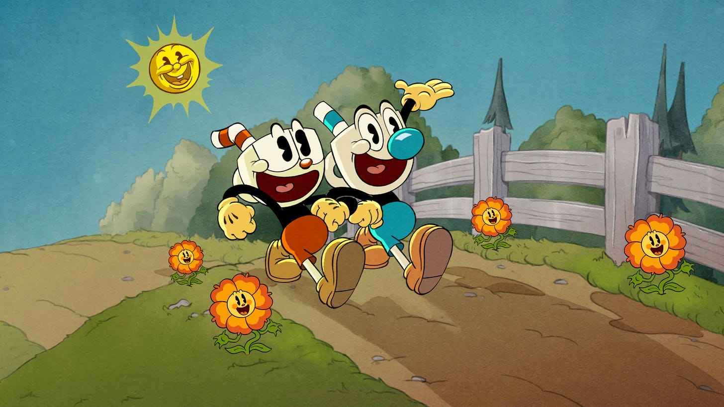 General 8192x4608 Cuphead (Video Game) Mugman flowers fence Sun drawing trees