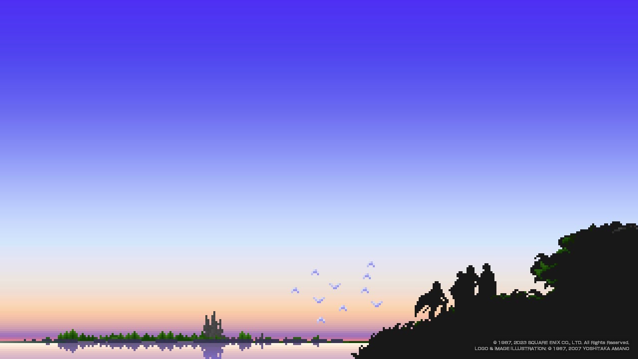 The four Warriors of Light, in silhouette, gaze upon the castle in the horizon. The four Warriors of Light, in silhouette, gaze upon the castle in the horizon.