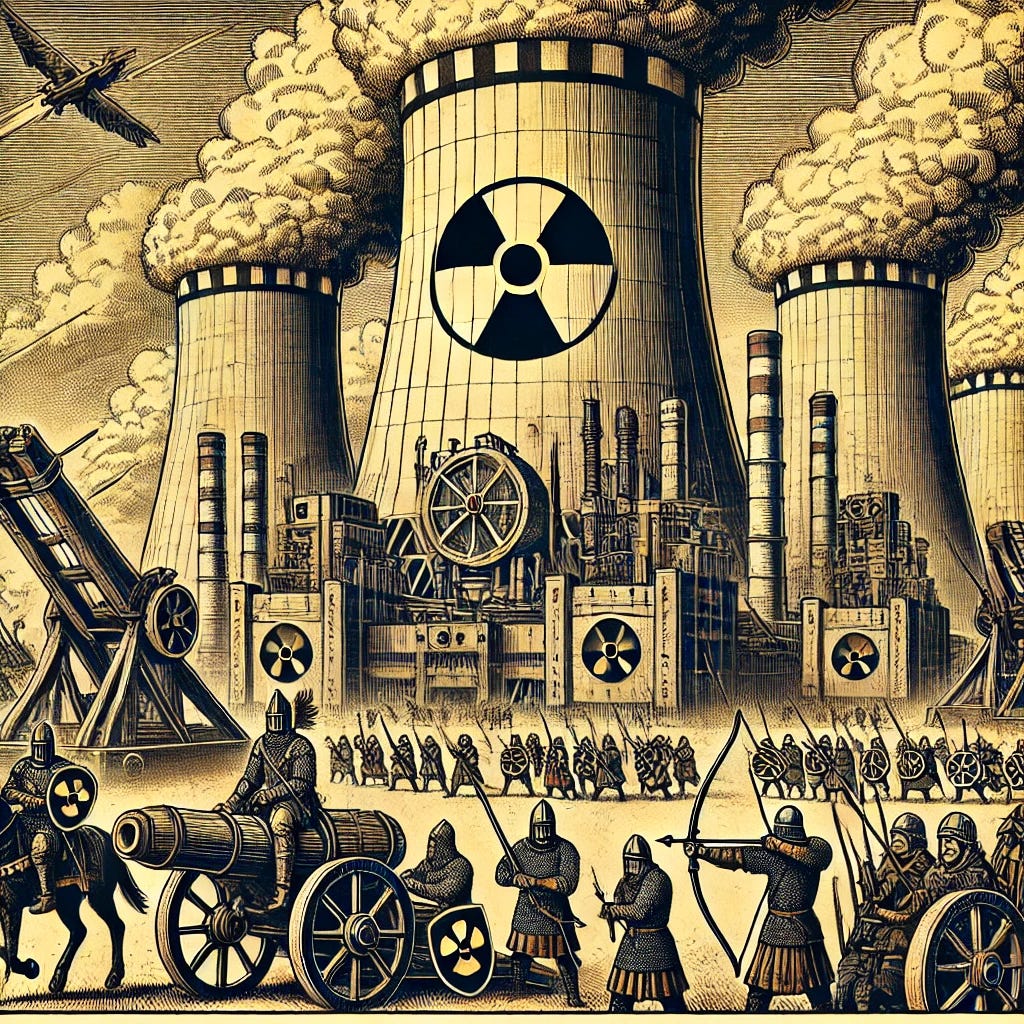 A vintage comic book-style illustration of a nuclear reactor under siege by medieval forces. The nuclear reactor, designed with cooling towers and containment structures, prominently features a nuclear symbol on its central part. The scene includes detailed, well-developed characters, such as knights, archers, and siege engineers operating catapults, cannons, and crossbows. The shading is more complex, giving depth and texture to the characters and environment. The catapults are launching large stones, cannons are firing projectiles, and crossbowmen are in action. The background blends medieval and futuristic elements, with a dramatic, clouded sky overhead, all rendered in a richly textured, vintage comic book style.