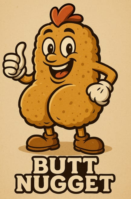 Cartoon chicken nugget character with smiling face, thumbs up gesture, and bold text reading “Butt Nugget” on a beige background.