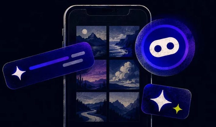 Smartphone displaying AI-generated landscape images surrounded by floating Microsoft Copilot icons.