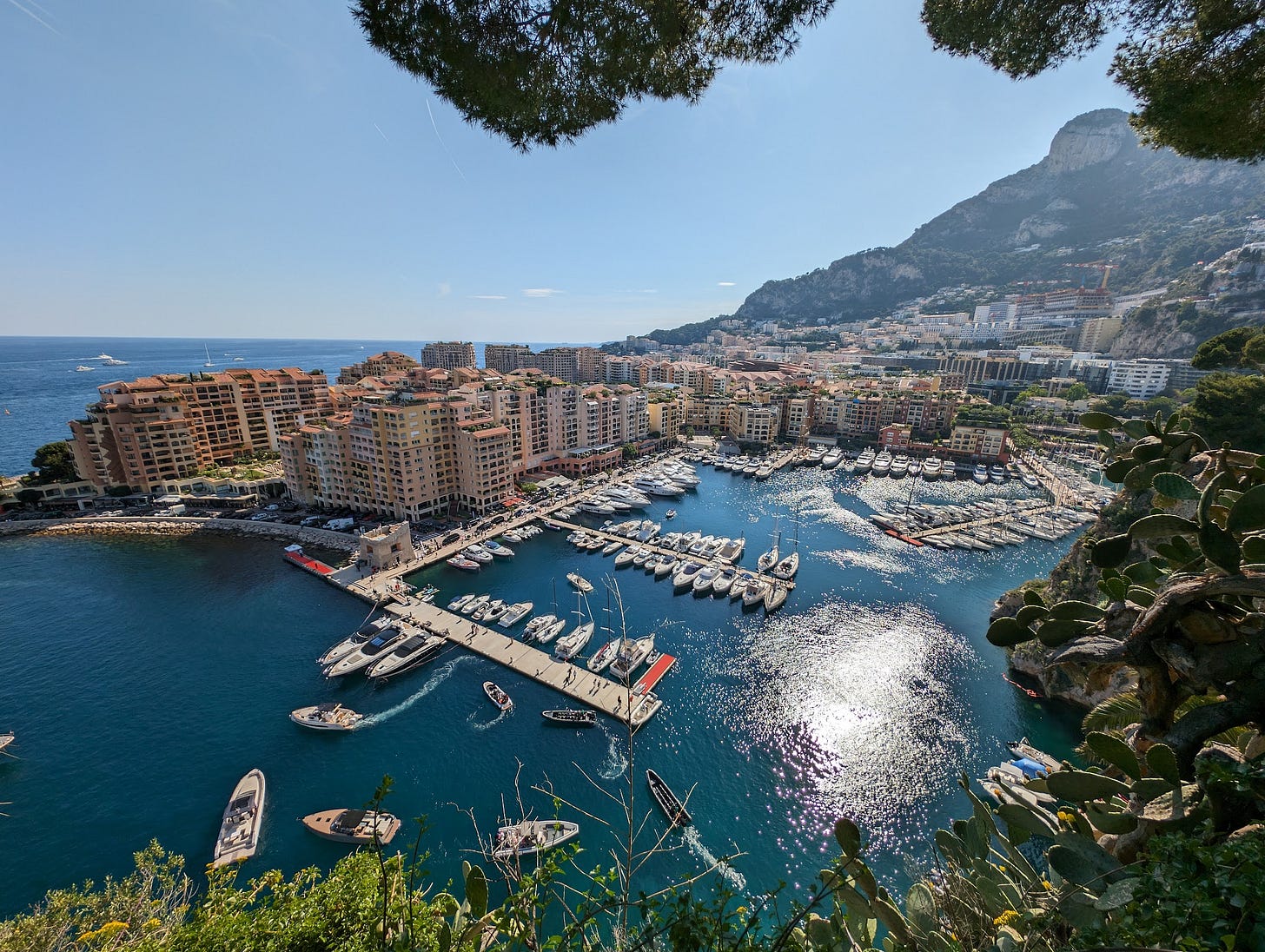 A view of the Port of Fontvieille, showing a large harbor with dozens of samll boats, many large residential buildings, and a mountain in the distance.