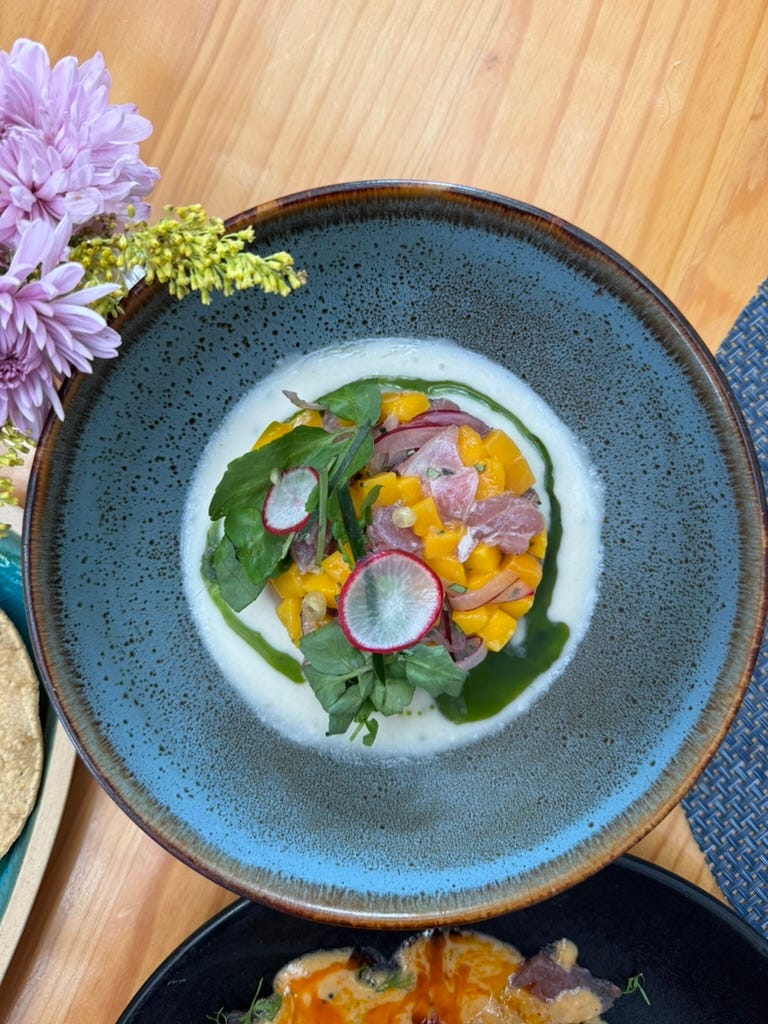 Ceviche with a white sauce on a blue plate