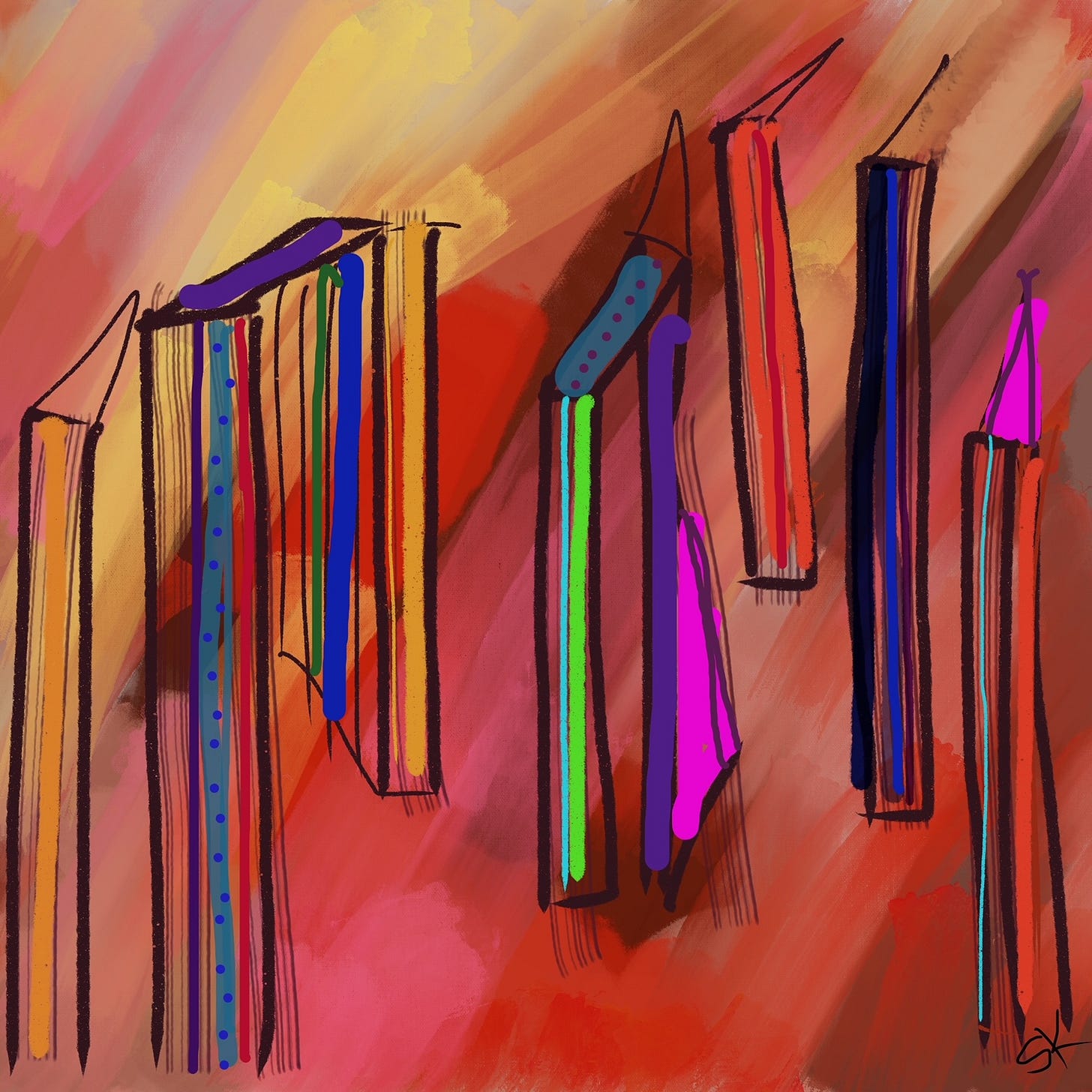 Bold Abstract painting by Sherry Killam Arts with vertical colored sticks against diagonal warm hues.