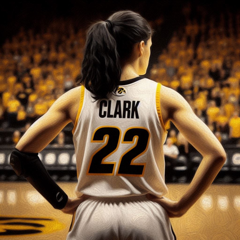 Iowa women's basketball player, wearing a jersey with Clark 22 on the back, black hair in a ponytail, staring out onto the basketball court one final time, impressionism Iowa women's basketball player, wearing a jersey with Clark 22 on the back, black hair in a ponytail, staring out onto the basketball court one final time, impressionism