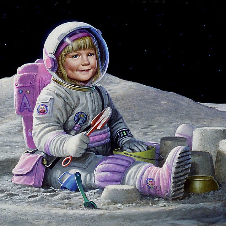 LEFT: Figure detail from THE ULTIMATE SANDBOX featuring a 4 year old girl in spacesuit. With her freehand, she packs regolith into a plastic bucket. In the other hand she holds a shovel. RIGHT: Background detail from THE ULTIMATE SANDBOX featuring sandcastles in progress in the regolith of the moon. Half shadowed, Earth hangs in the starry sky to the upper right.