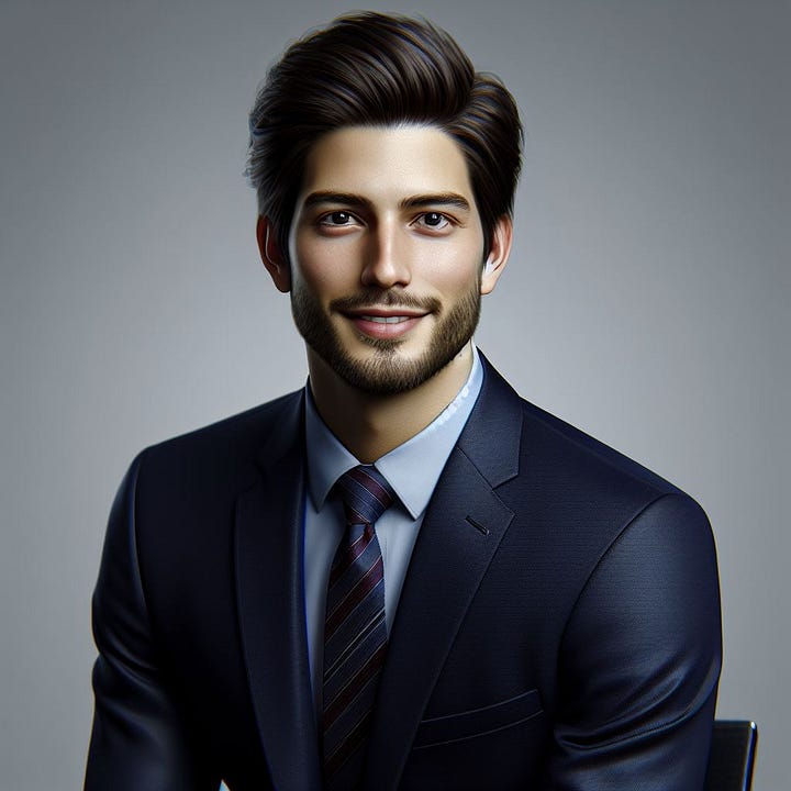 create an image of a photorealistic Man in navy business suit smiling for professional linkedin profile headshot, business professional, sharp focus 