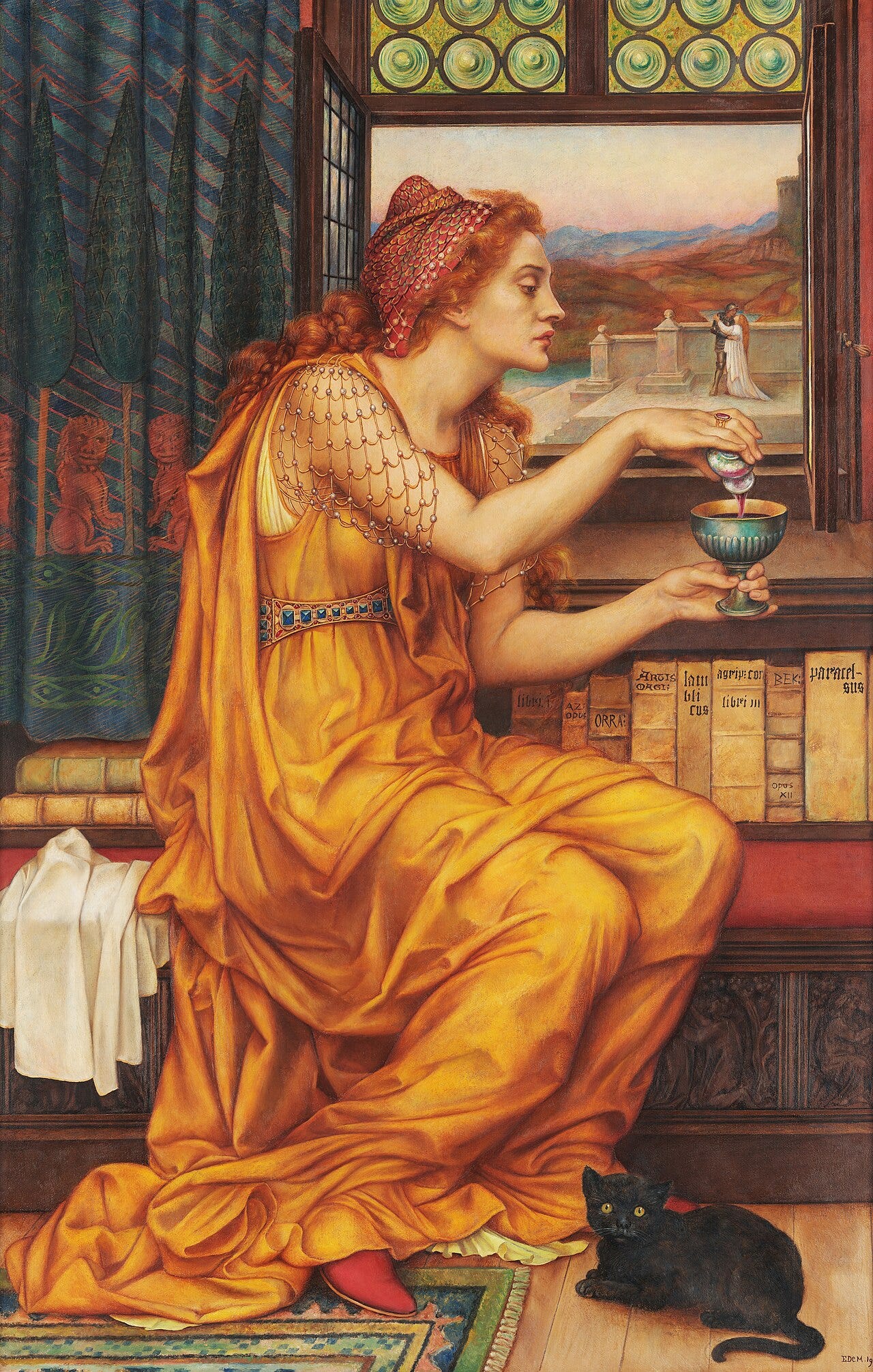 Woman mixing potion cat