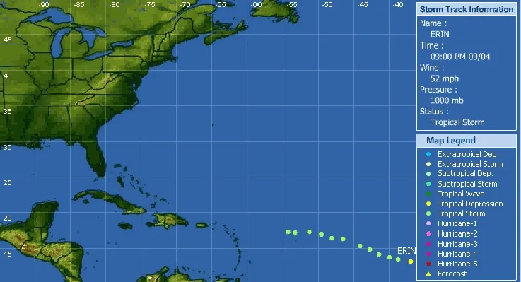 trajectory of the eye of Hurricane Erin