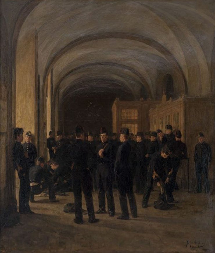 'Gezicht op interieur van het beursgebouw, daarin militairen, marinier, grenadiers en fuseliers in wachtende vrije houdingen' 1896-97 - olieverf op doek: Johannes Heijberg (herkomst: coll. Museum Rotterdam) 'Gezicht op interieur van het beursgebouw, daarin militairen, marinier, grenadiers en fuseliers in wachtende vrije houdingen' 1896-97 - olieverf op doek: Johannes Heijberg (herkomst: coll. Museum Rotterdam)