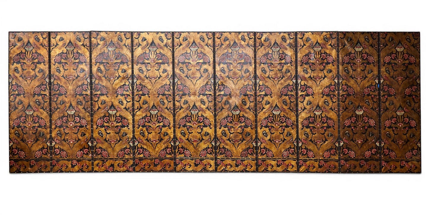 A set of ten Continental painted leather panels, 20th century