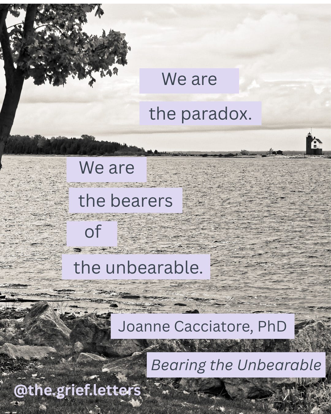 Black and white photo of a shoreline with a lighthouse in the background. Quote: We are the paradox. We are the bearers of the unbearable.