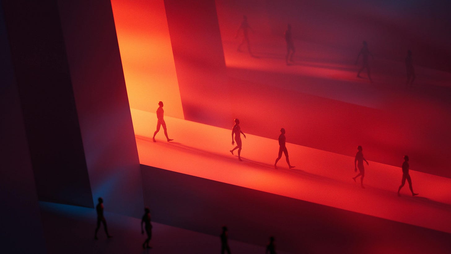 Dreamlike image of non-descript people in silhoette walking along strange corridors that all look the same