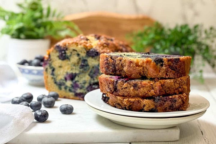 Blueberry bread, lavender shortbread, July dinners, tomato pie, a peach crumb bar and a table setting idea for July.