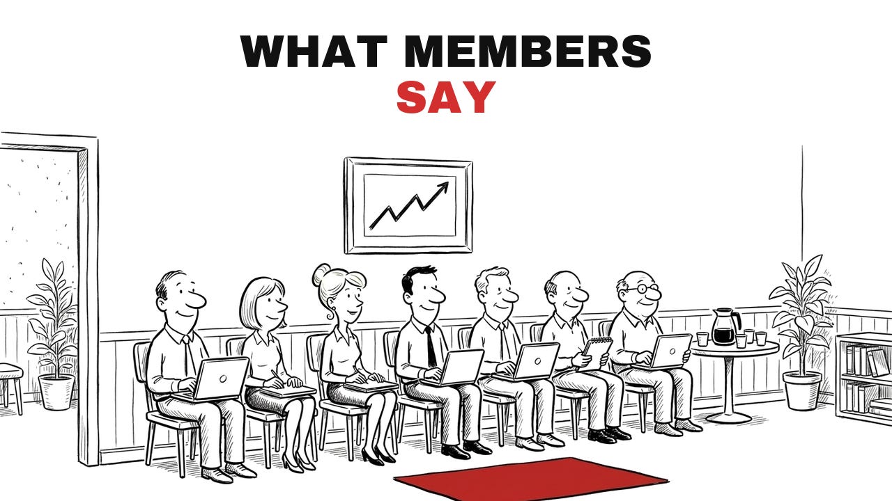 Cartoon: members wait in a quiet row of chairs, titled What Members Say.