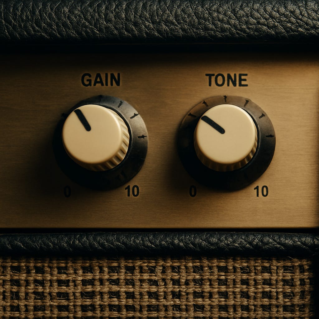 Close-up of a guitar amplifier with gain and tone knobs, symbolizing Reality Drift. The image represents how synthetic realness, filter fatigue, optimization traps, and cultural flattening distort the original signal of meaning until only noise remains.