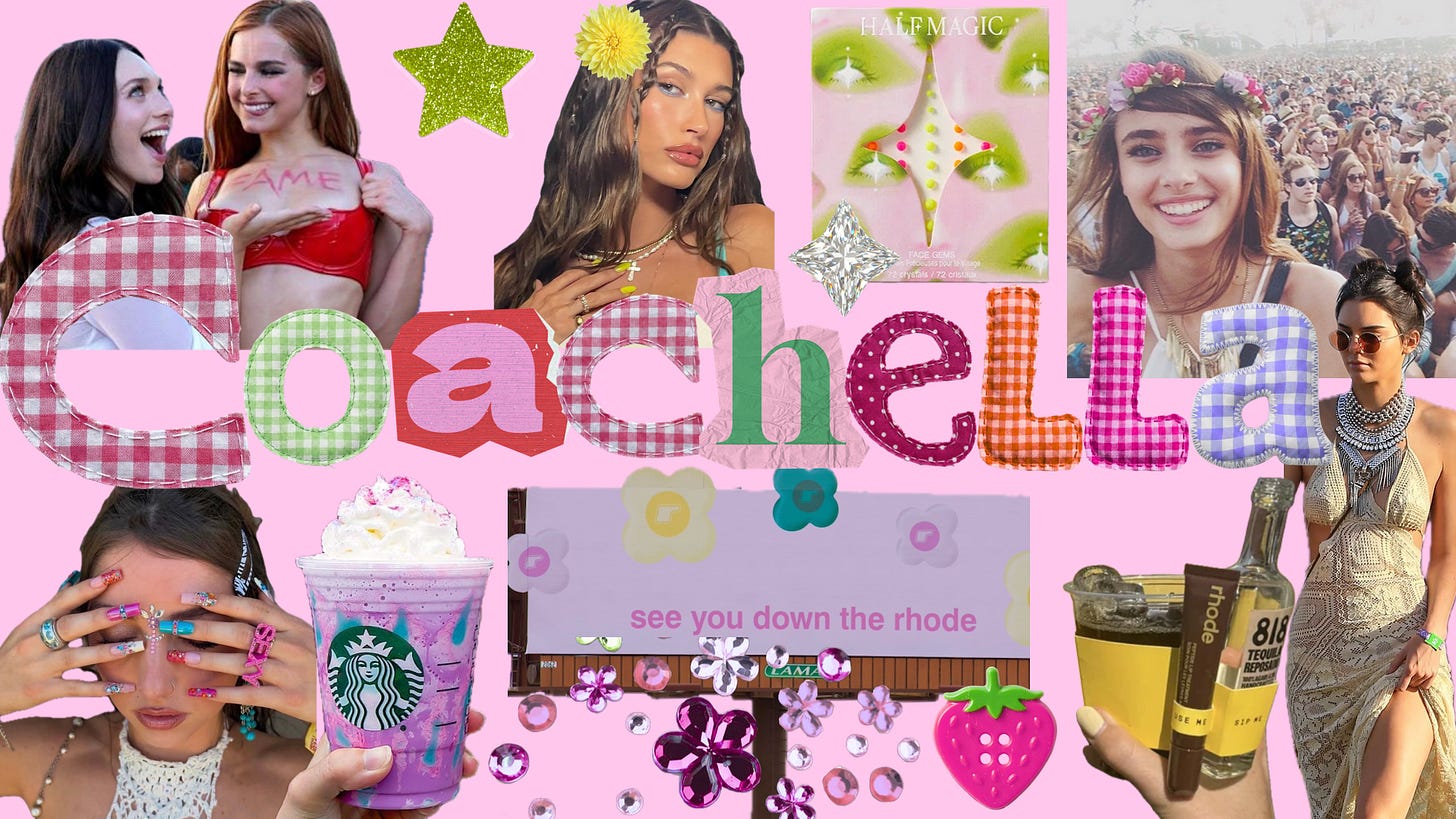 Given that The Beauty Ed®’s 27-year authority is built on sophisticated industry critique, we want the alt-text for this image to explain why it’s important.  This image isn’t just a pretty collage; it’s a direct visual summary of the "Influencer Olympics" and "Coachella Uniform" concepts that Gia critiques in her piece.  Here is the strategic alt-text for the mood board:  Alternative Text for the Coachella Mood Board Alt-text: A Y2K-inspired digital mood board on a pink background, visualizing the "Influencer Olympics" aesthetic of modern Coachella. The composition includes images of Hailey Bieber (representing "rhode" beauty), Kendall Jenner (representing "818 Tequila"), a "rhode" billboard, flower crowns, a purple Starbucks frappuccino, glitter stars, and various branded beauty products like "HALF MAGIC." The collage illustrates the "Predictable Festival Uniform" trend that The Beauty Ed® is analyzing as a high-authority industry critique.