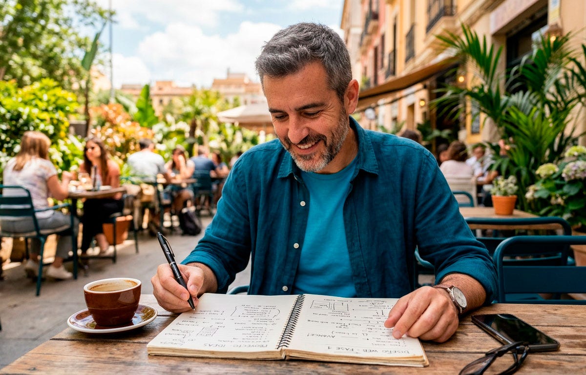 Hombre de unos 46 años en la terraza de un café revisando su cuaderno de notas durante el día, trabajando con constancia en un proyecto que necesita una idea útil trabajada con constancia más que una idea brillante