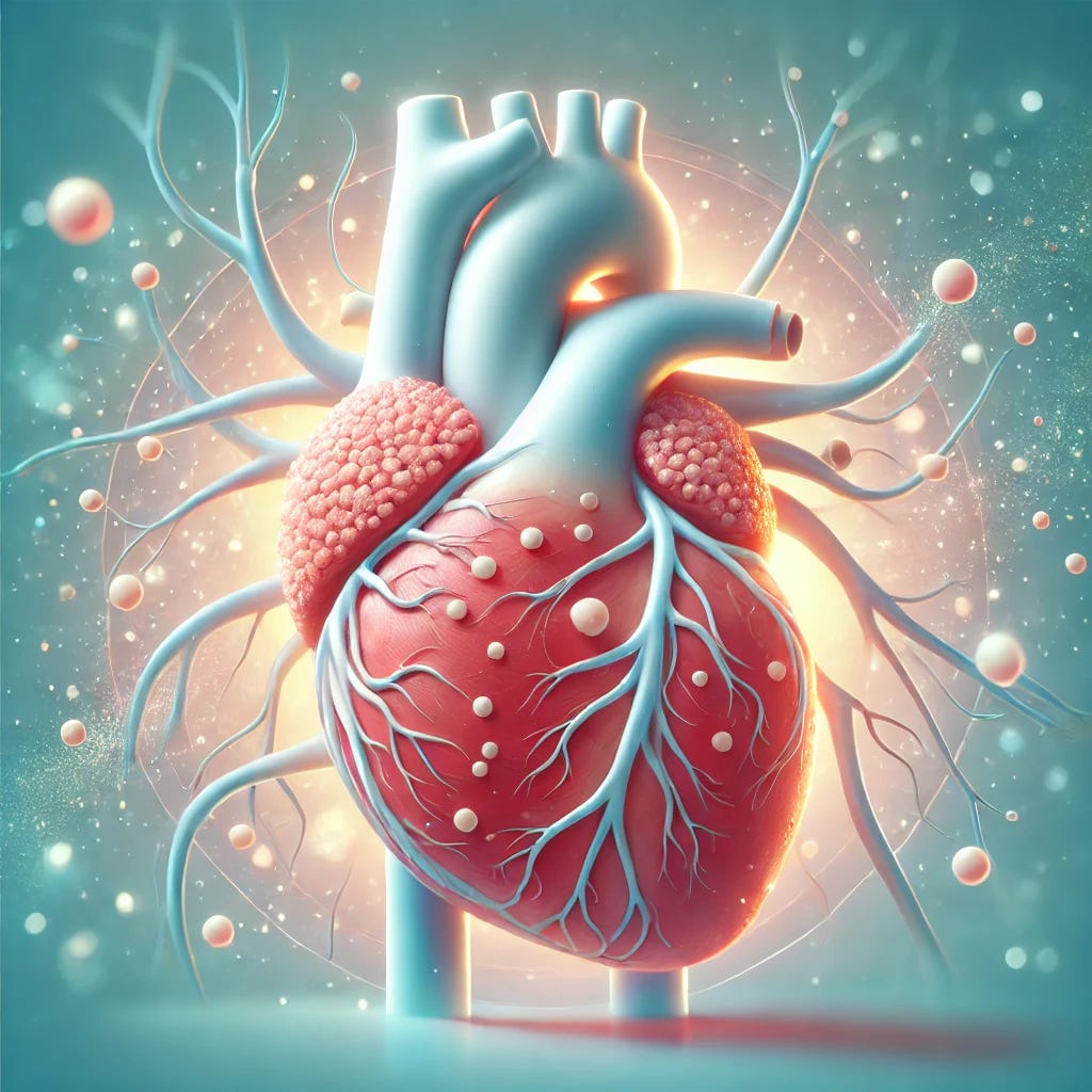 An image of a heart with highlighted arteries showing plaque buildup to represent cardiovascular disease risk. The background features a soft gradient of light blues and greens, symbolizing health and medical research. The heart is detailed with a focus on the Lp(a) particles within the arteries, visually depicted as small particles. The overall style is clean and informative, suitable for a medical article.
