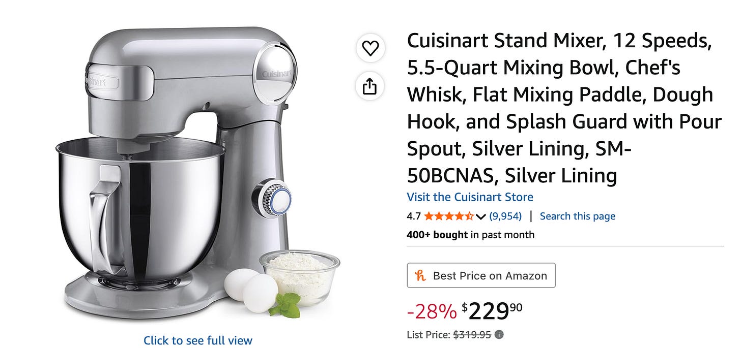 A Cuisinart stand mixer listed on Amazon US for $229. A Cuisinart stand mixer listed on Amazon US for $229.