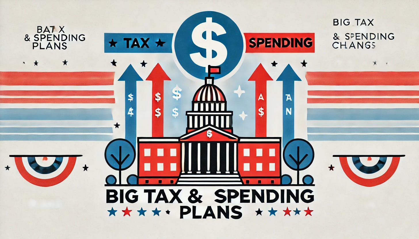 A minimalist landscape graphic using red, white, and blue to represent 'Big Tax and Spending Plans.' The design features a dollar sign, government building, and arrows indicating tax and spending changes, symbolizing large-scale financial plans. The style is clean, simple, and patriotic, with no additional text besides the main title.