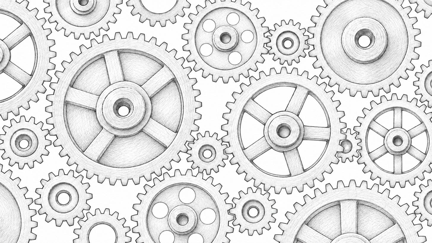 Light pencil sketch of interlocking gears of different sizes on white. Light pencil sketch of interlocking gears of different sizes on white.