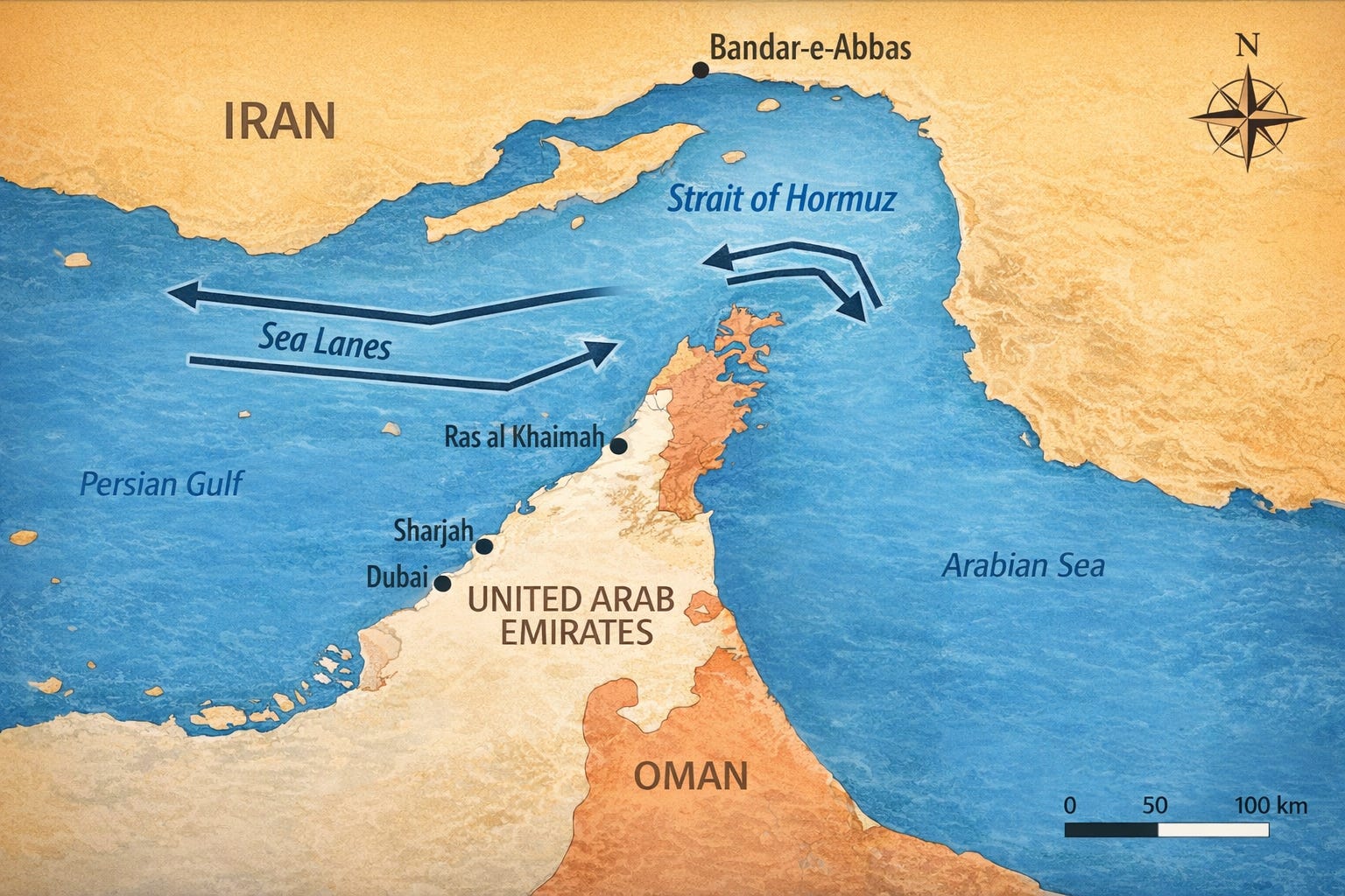 Map of the Strait of Hormuz showing key shipping lanes between Iran, the United Arab Emirates, and Oman, a critical route through which a significant share of the world’s oil supply passes.