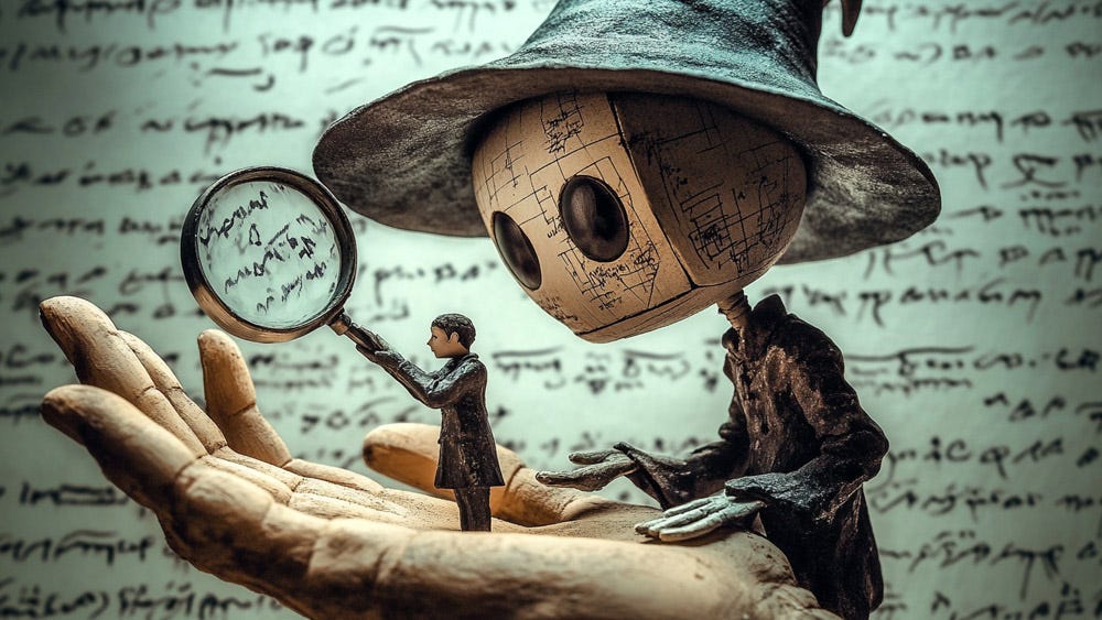 The great AI Deception? An AI bot looking over the shoulder of a small person standing on a wooden robotic hand and holding a magnifying glass looking for clues of generative AI