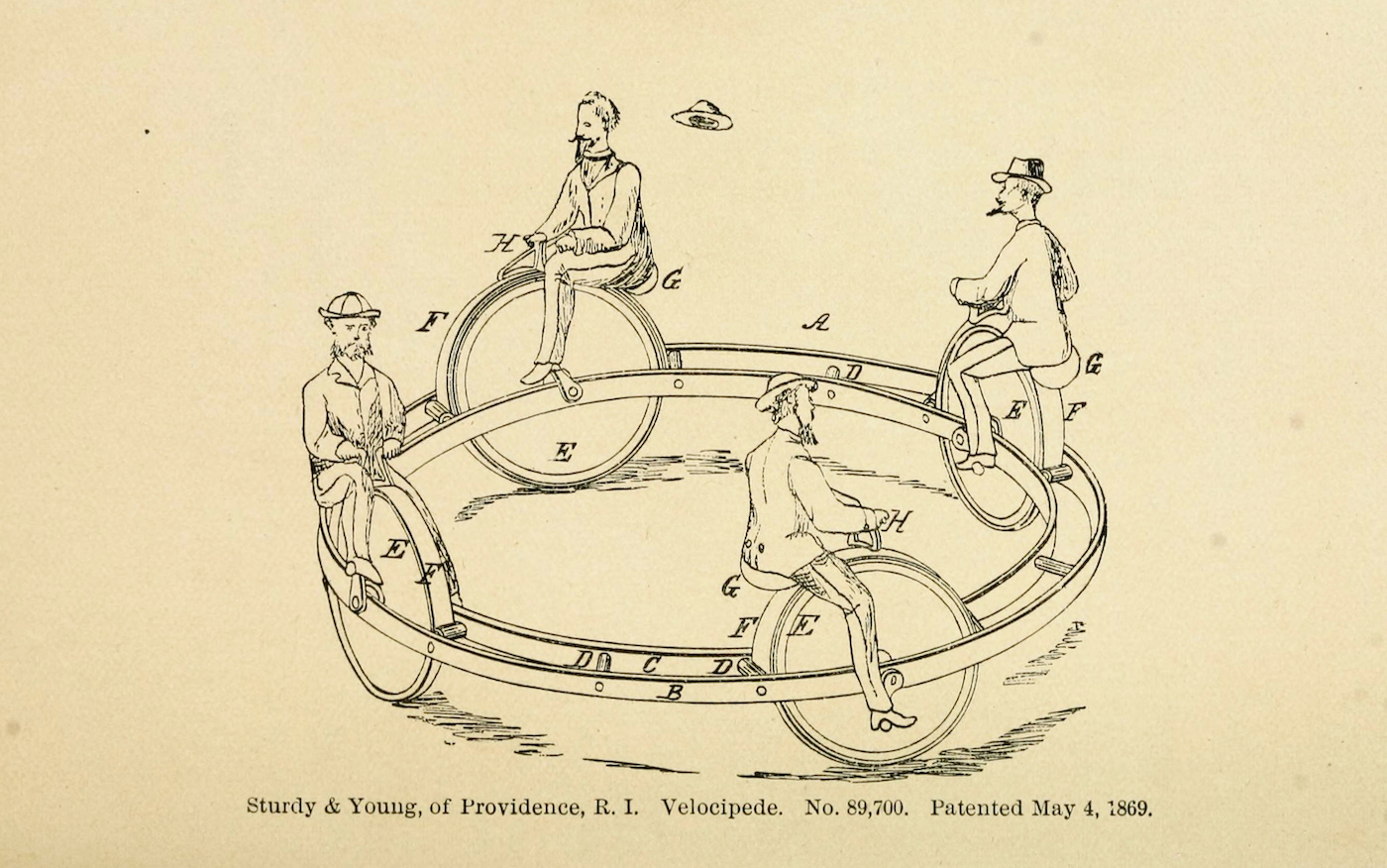 A imagem mostra um desenho antigo de uma invenção chamada velocípede, patenteada em 4 de maio de 1869 por Sturdy & Young, de Providence, Rhode Island. O dispositivo consiste em uma estrutura circular onde quatro homens estão sentados em rodas posicionadas ao redor do perímetro. Cada homem usa um chapéu e parece estar pedalando, fazendo com que o aparelho gire em um movimento circular. O desenho é uma ilustração técnica com várias partes identificadas por letras (A, B, C, D, E, F, G, H). A ilustração é apresentada em um fundo bege envelhecido com linhas finas em tinta preta. The image shows an old drawing of an invention called a velocipede, patented on May 4, 1869, by Sturdy & Young from Providence, Rhode Island. The device consists of a circular structure where four men are seated on wheels positioned around the perimeter. Each man wears a hat and appears to be pedaling, causing the apparatus to rotate in a circular motion. The drawing is a technical illustration with various parts identified by letters (A, B, C, D, E, F, G, H). The illustration is presented on an aged beige background with fine black ink lines.